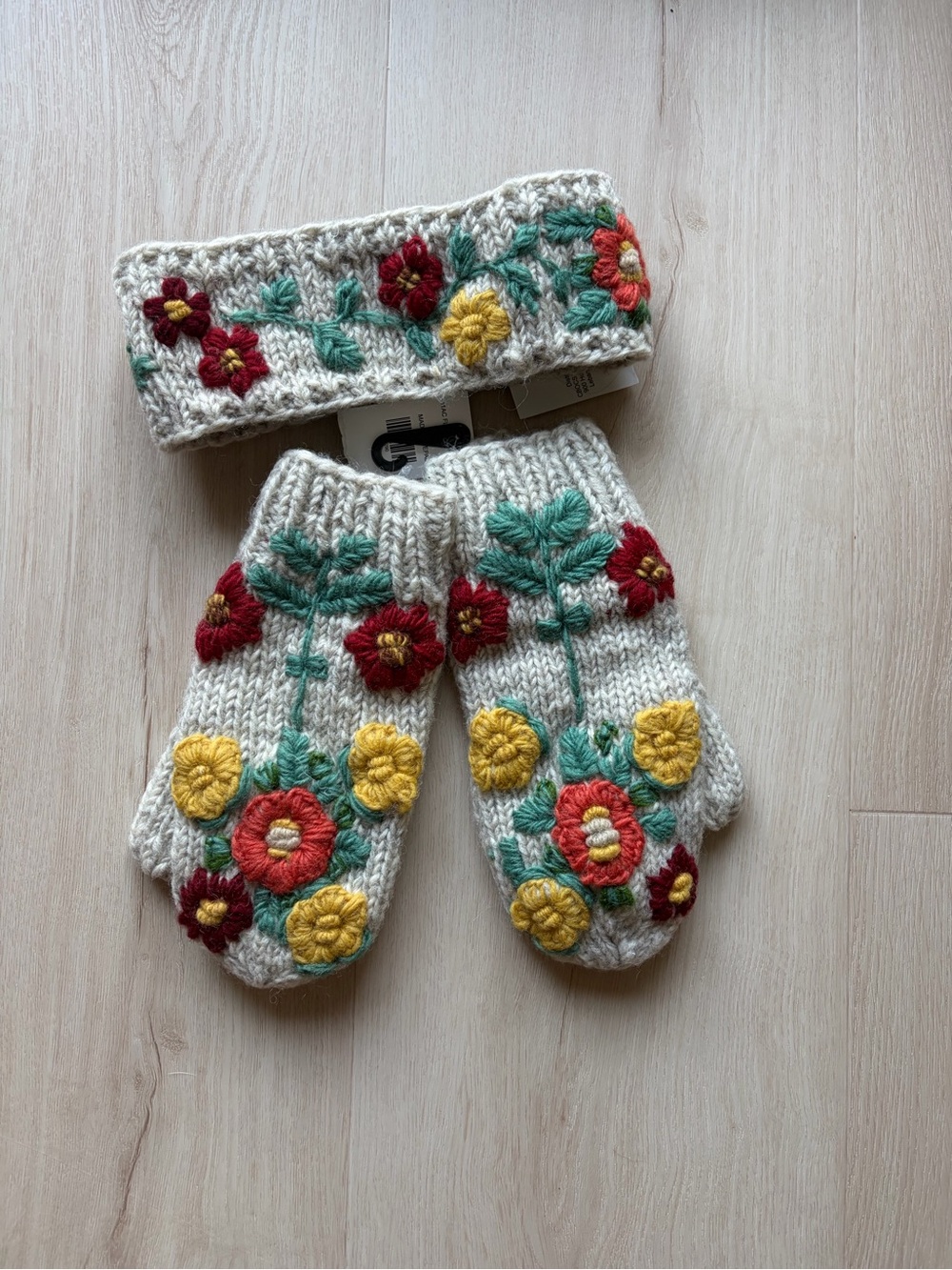 Wool Knit Mittens and Headband Set with Floral Embroidery